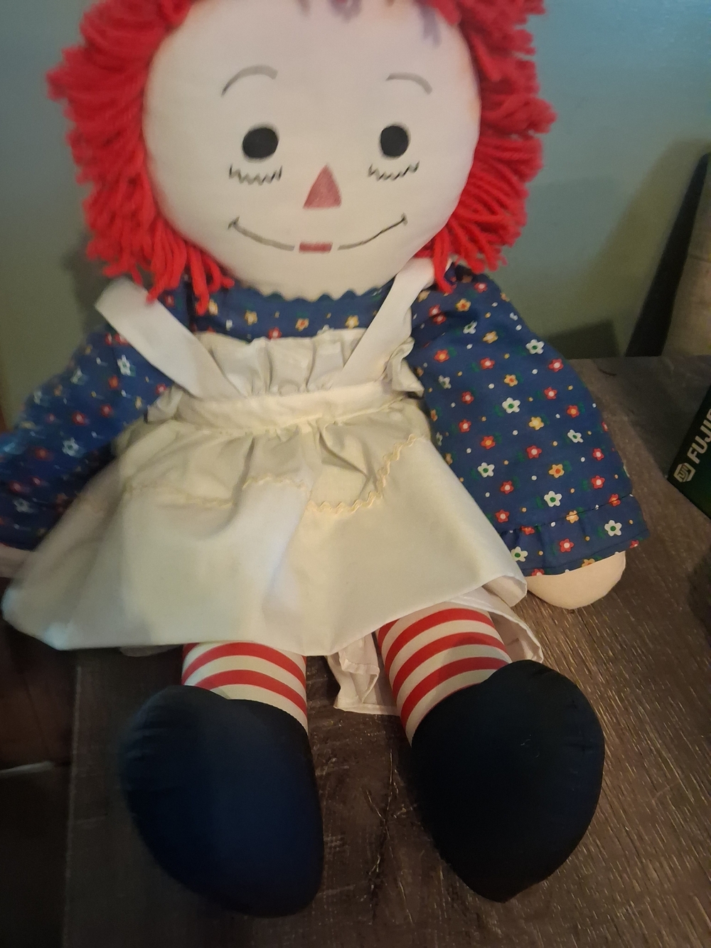 Classic 1976  2 Foot Red-Haired Rag Doll in Blue Floral Dress and White Apron